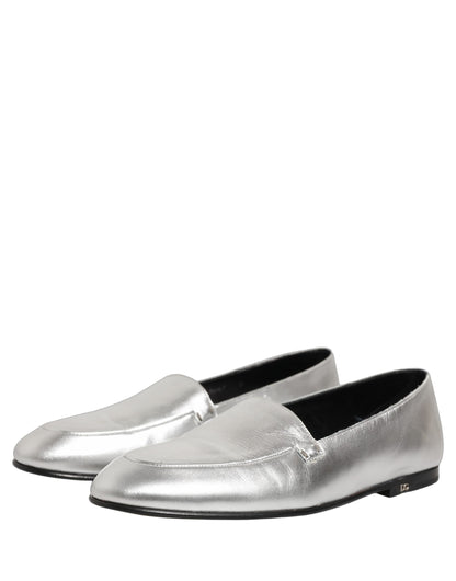 Dolce & Gabbana Silver Leather DG Logo Slip On Loafers