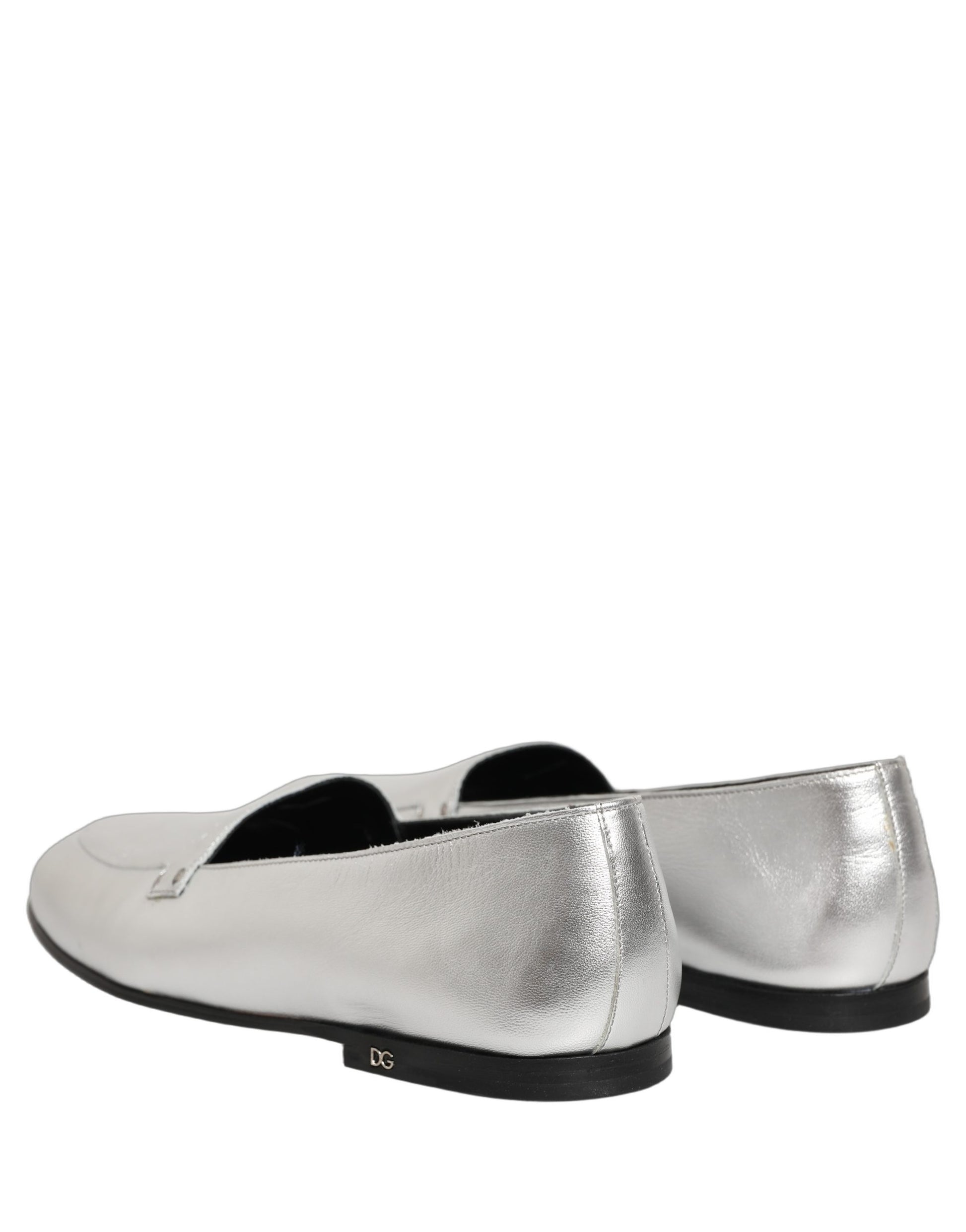 Dolce & Gabbana Silver Leather DG Logo Slip On Loafers