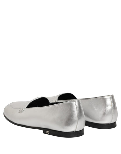 Dolce & Gabbana Silver Leather DG Logo Slip On Loafers