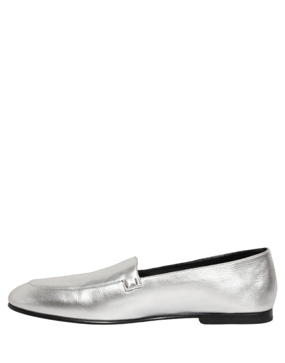 Dolce & Gabbana Silver Leather DG Logo Slip On Loafers