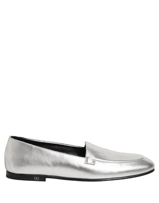 Dolce & Gabbana Silver Leather DG Logo Slip On Loafers