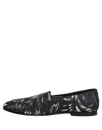 Dolce & Gabbana Black Leaf Embroidery Dress Loafers