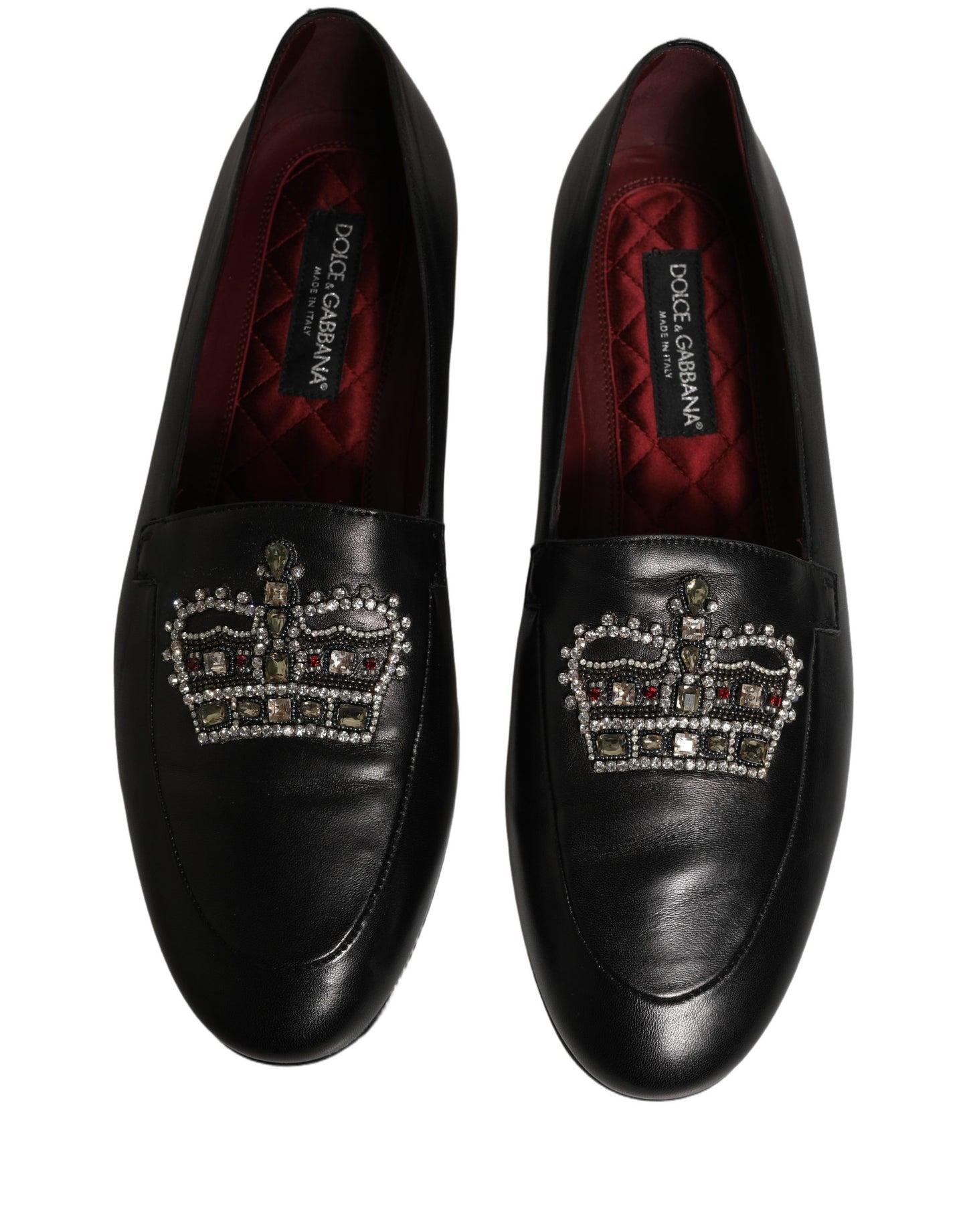 Dolce & Gabbana Black Leather Crown Embellished Loafers