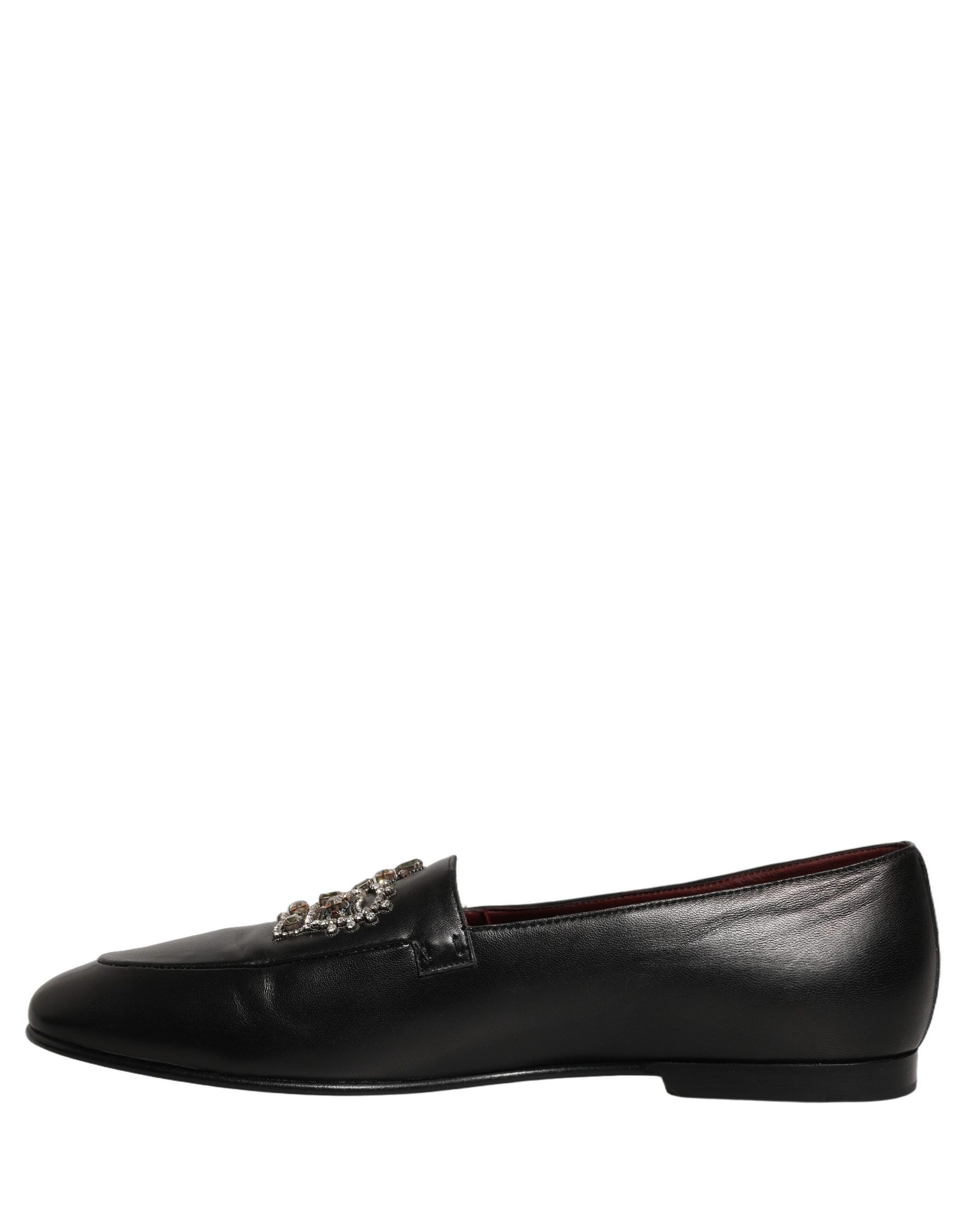 Dolce & Gabbana Black Leather Crown Embellished Loafers