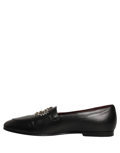 Dolce & Gabbana Black Leather Crown Embellished Loafers