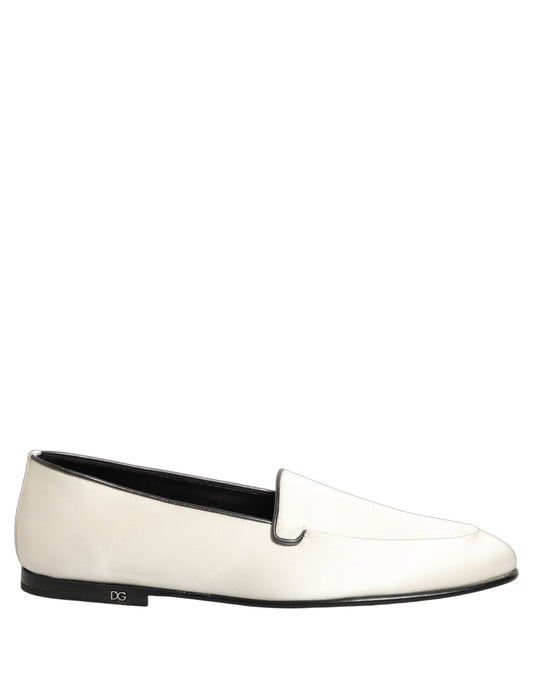 Dolce & Gabbana White Satin Logo Slip-On Flats Loafers