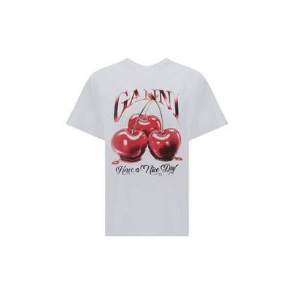 Ganni White Cotton Cherry Relaxed T-Shirt