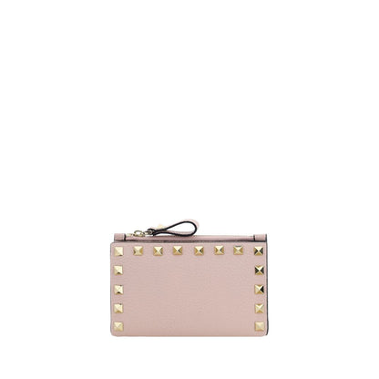 Valentino Garavani Poudre Pink Rockstud Grainy Calfskin Zip Cardholder