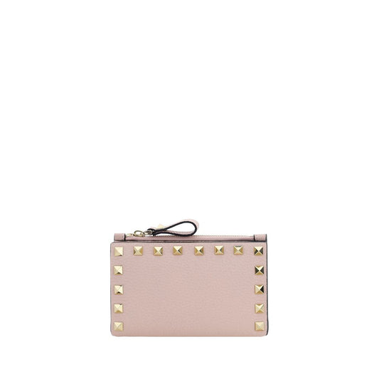 Valentino Garavani Poudre Pink Rockstud Grainy Calfskin Zip Cardholder