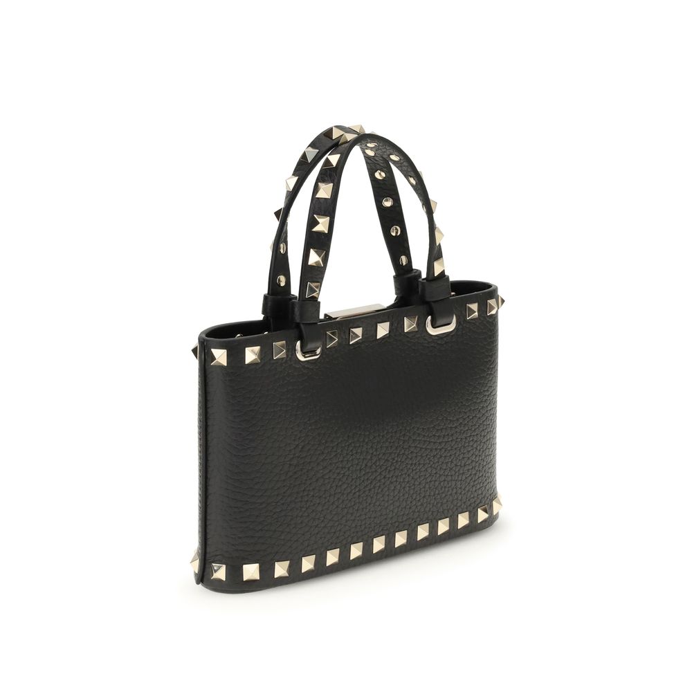 Valentino Garavani Black Mini Rockstud Pebble Leather Top Handle Bag