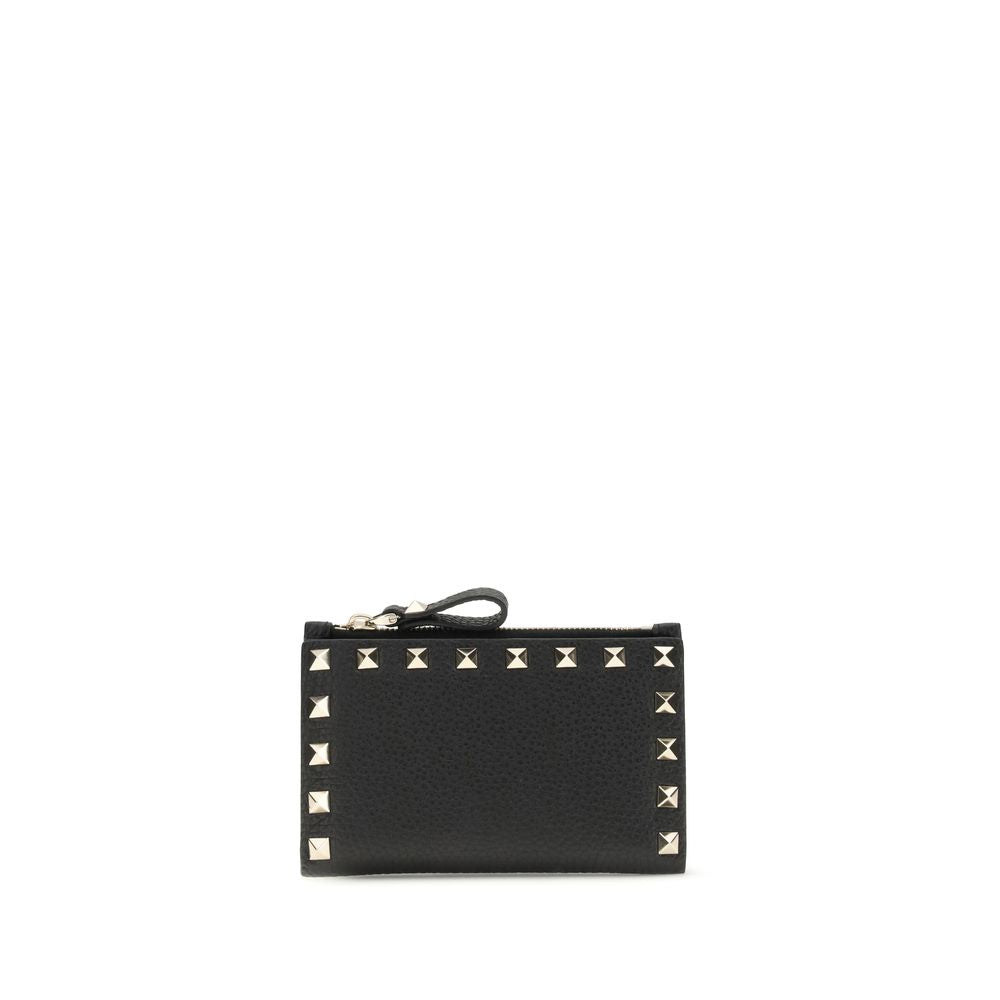 Valentino Garavani Black Rockstud Grainy Calfskin Leather Zip-Up Cardholder