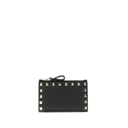 Valentino Garavani Black Rockstud Grainy Calfskin Leather Zip-Up Cardholder