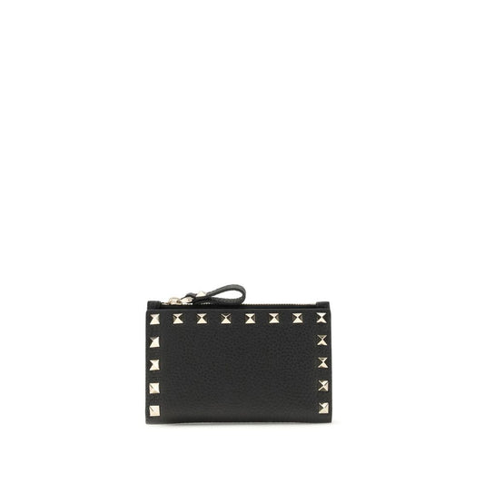 Valentino Garavani Black Rockstud Grainy Calfskin Leather Zip-Up Cardholder