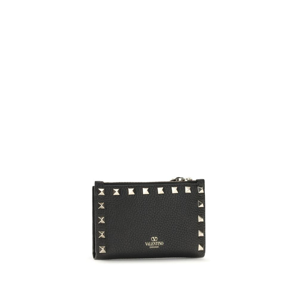 Valentino Garavani Black Rockstud Grainy Calfskin Leather Zip-Up Cardholder