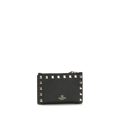 Valentino Garavani Black Rockstud Grainy Calfskin Leather Zip-Up Cardholder
