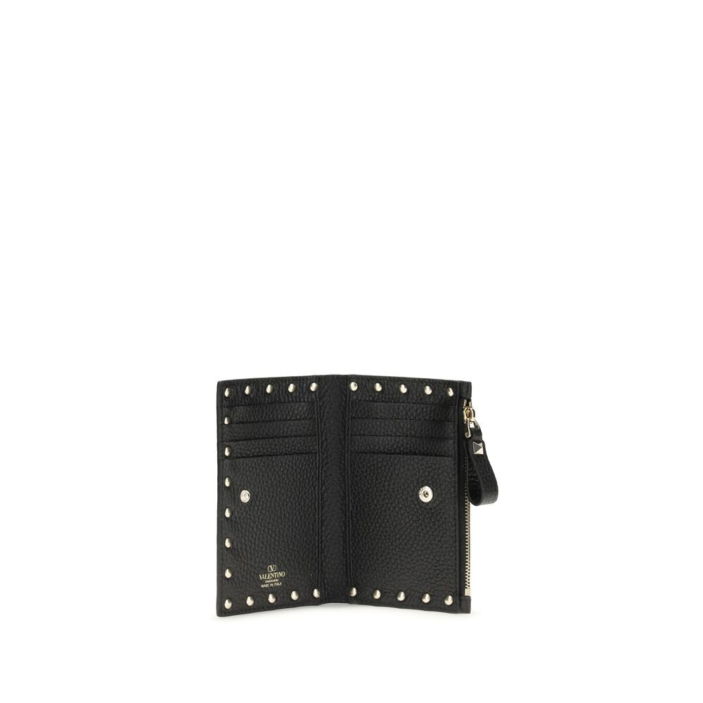 Valentino Garavani Black Rockstud Grainy Calfskin Leather Zip-Up Cardholder