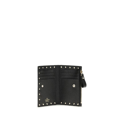 Valentino Garavani Black Rockstud Grainy Calfskin Leather Zip-Up Cardholder