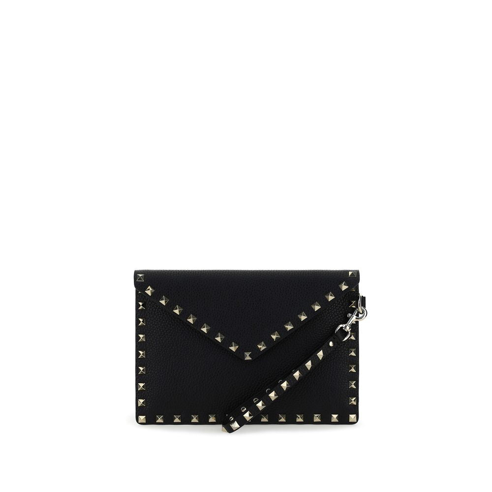 Valentino Garavani Black Rockstud Grainy Leather Envelope Pouch