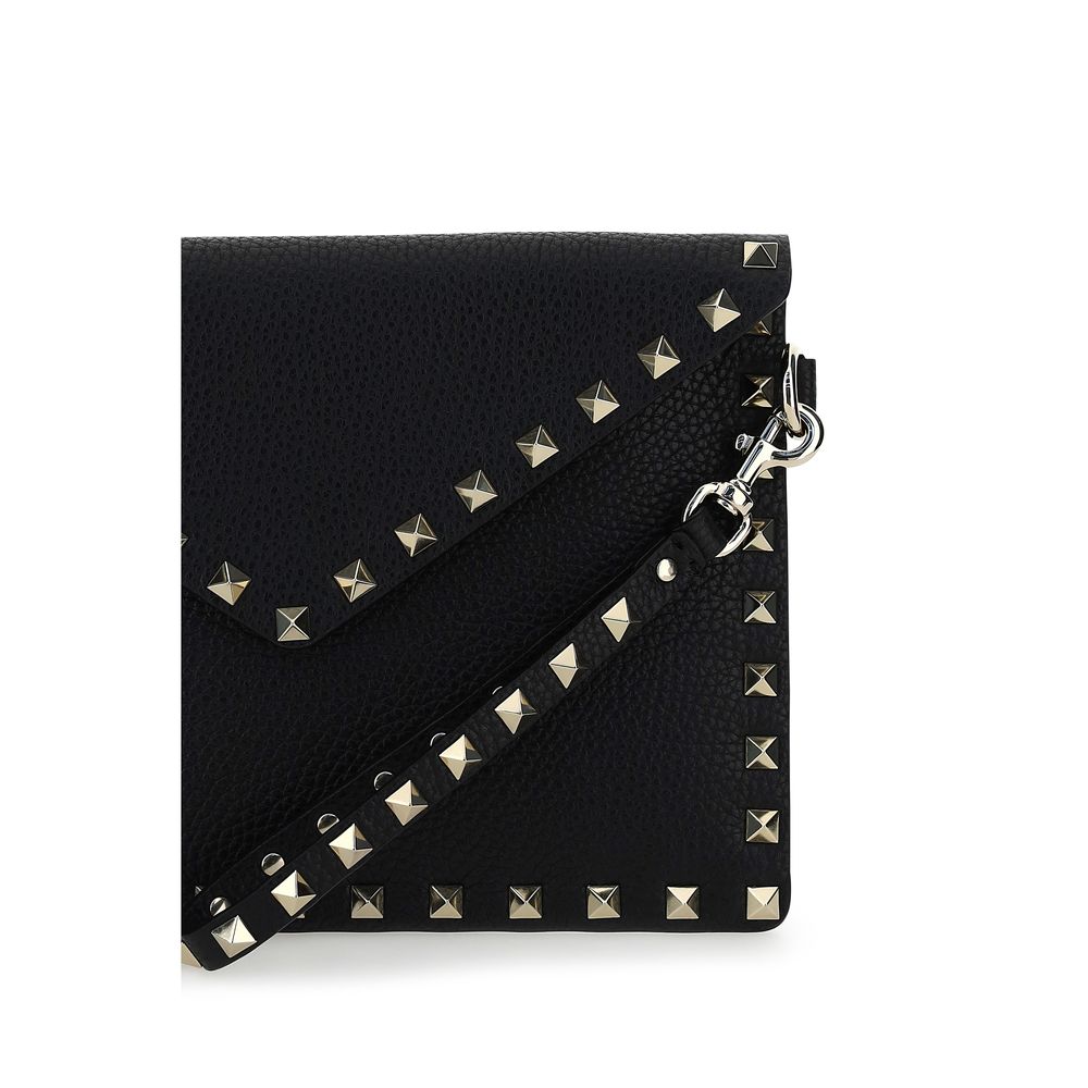 Valentino Garavani Black Rockstud Grainy Leather Envelope Pouch