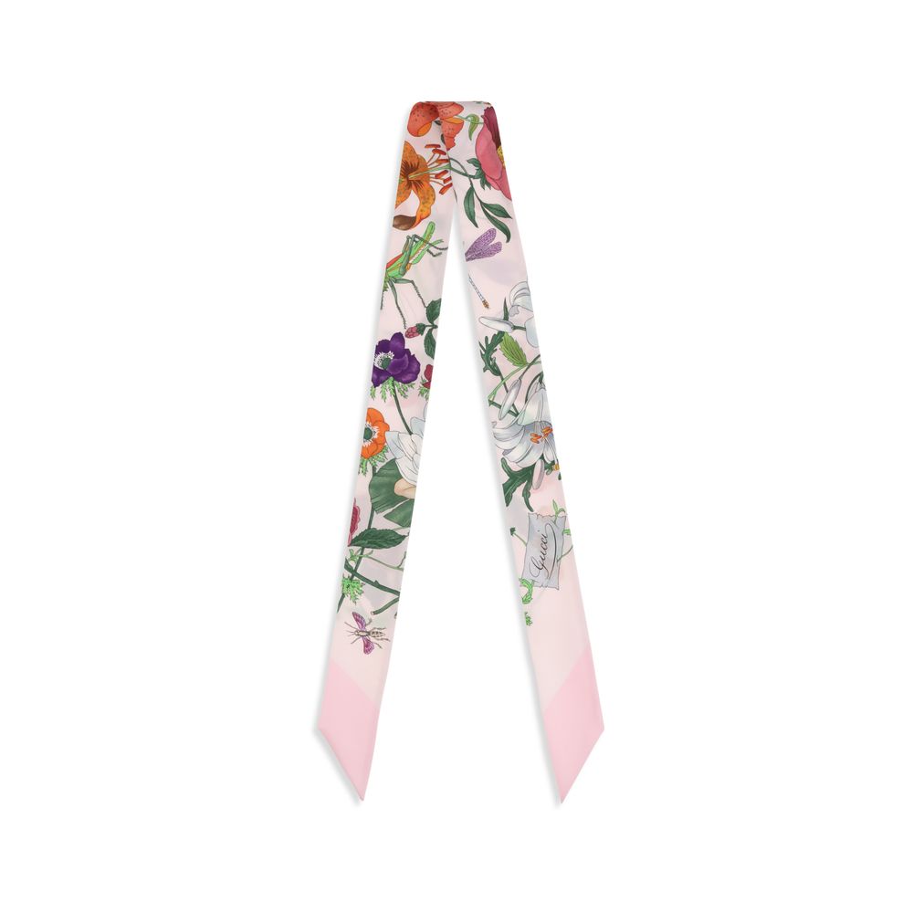 Gucci Pink Floral Silk Twill Ribbon Scarf