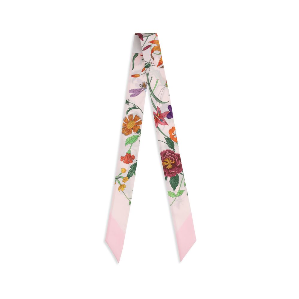 Gucci Pink Floral Silk Twill Ribbon Scarf
