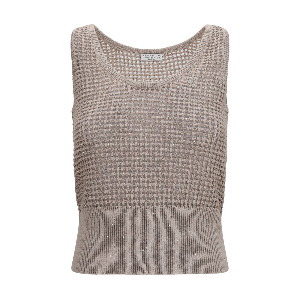 Brunello Cucinelli Beige Cotton Tank Top with Perforated Sequins