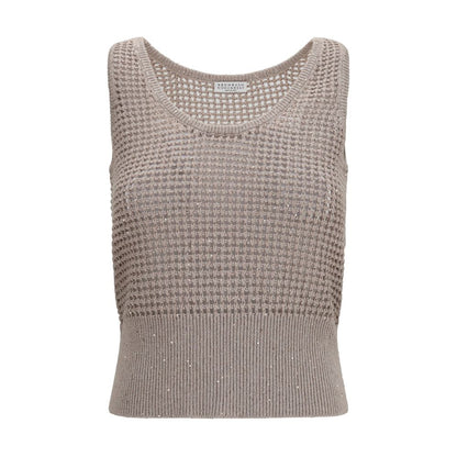 Brunello Cucinelli Beige Cotton Tank Top with Perforated Sequins