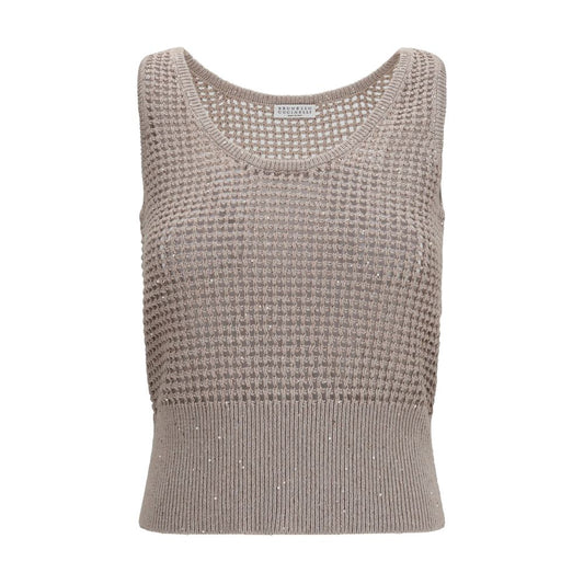 Brunello Cucinelli Beige Cotton Tank Top with Perforated Sequins