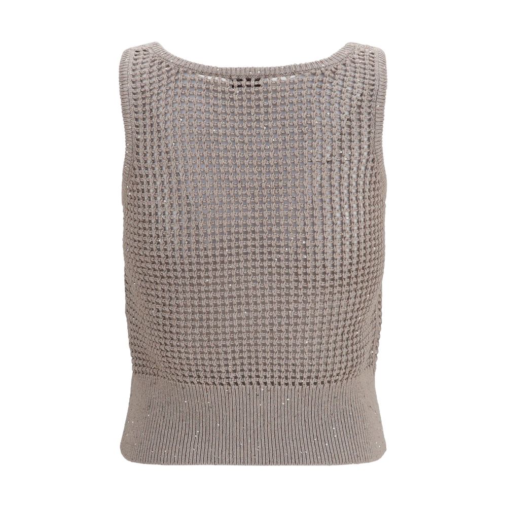 Brunello Cucinelli Beige Cotton Tank Top with Perforated Sequins