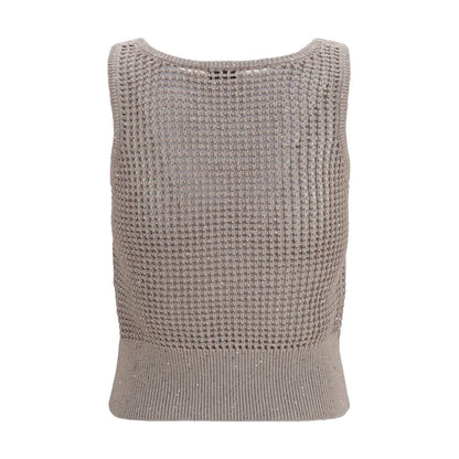 Brunello Cucinelli Beige Cotton Tank Top with Perforated Sequins