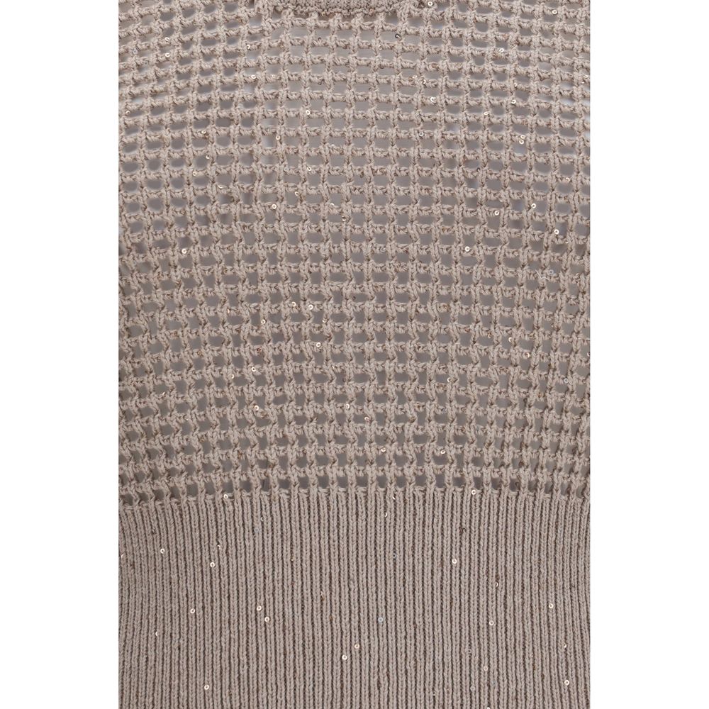 Brunello Cucinelli Beige Cotton Tank Top with Perforated Sequins