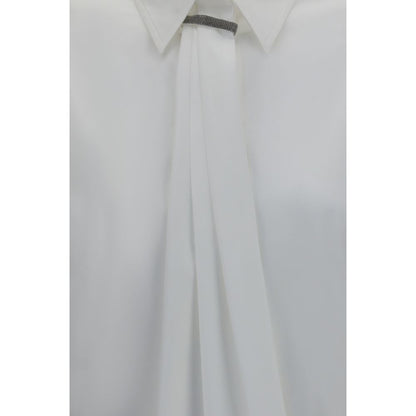 Brunello Cucinelli White Cotton Dress Shirt with Monili Embellishment