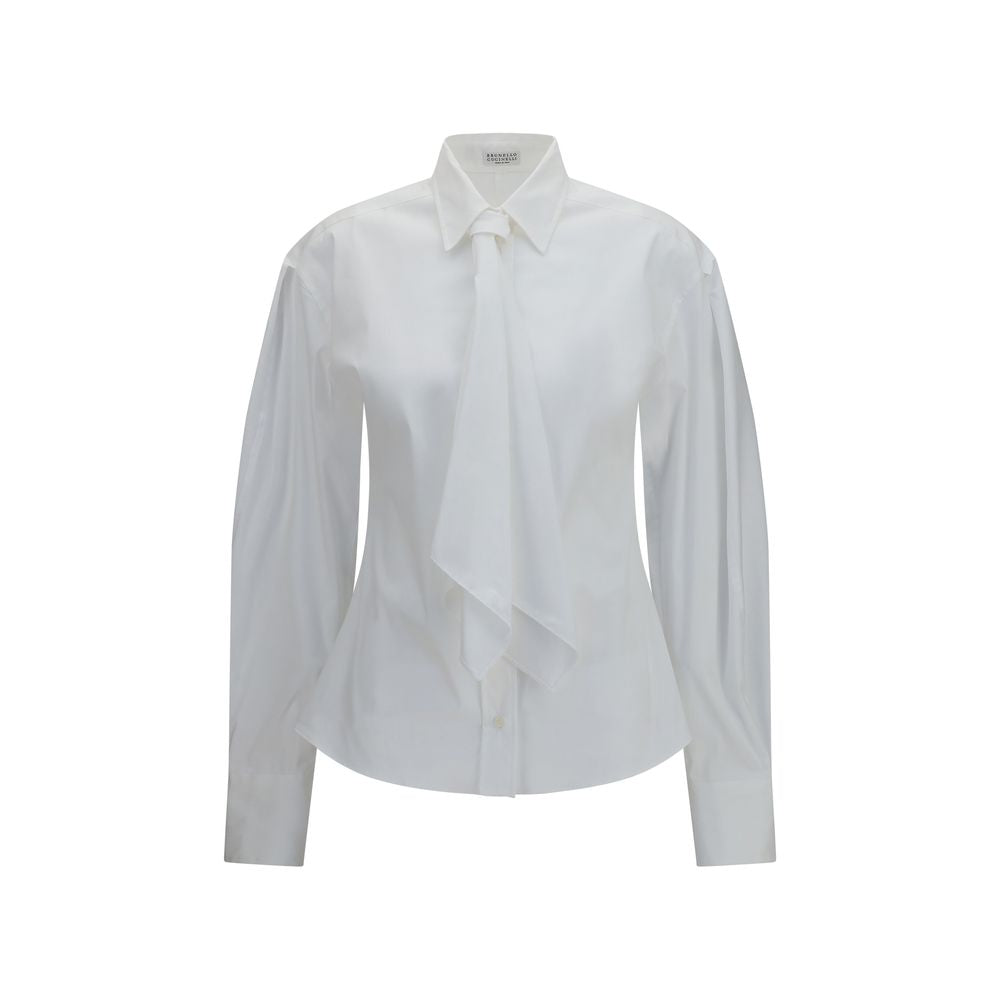 Brunello Cucinelli White Cotton Dress Shirt with Integrated Tie