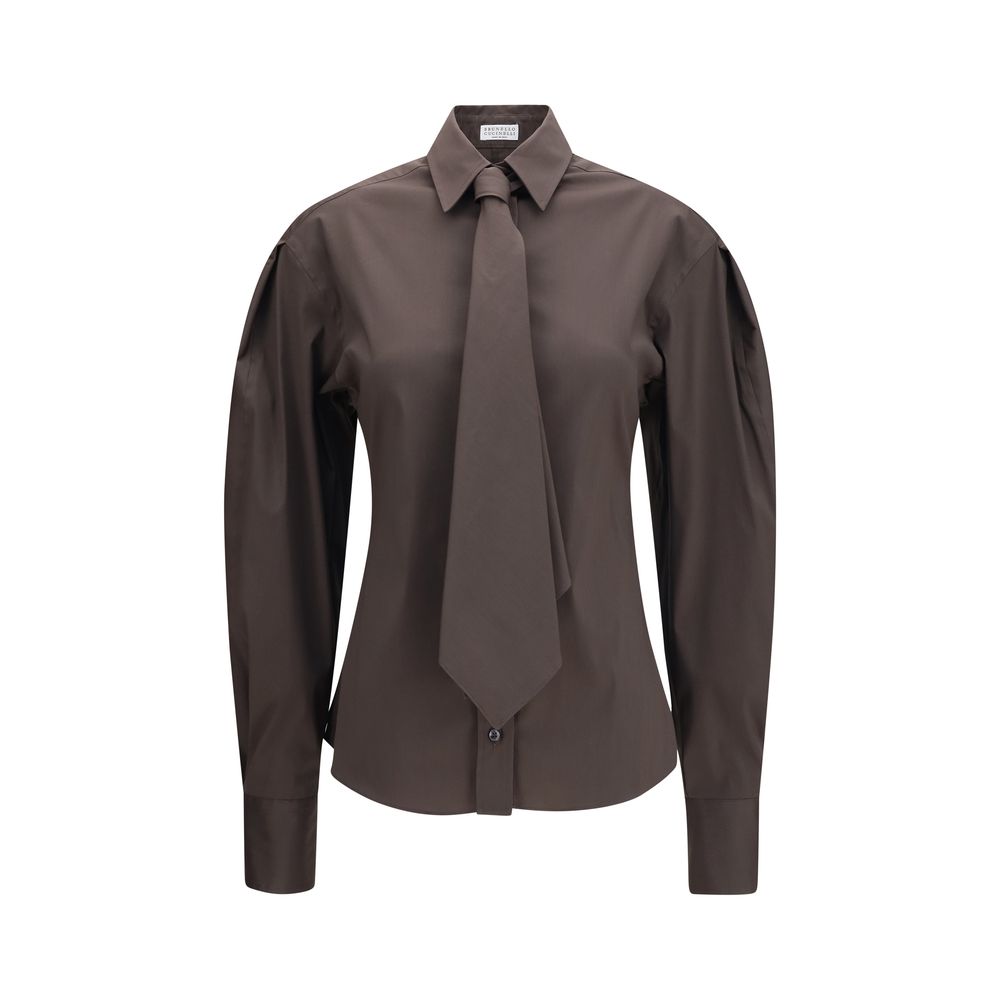 Brunello Cucinelli Brown Cotton Dress Shirt with Integrated Tie
