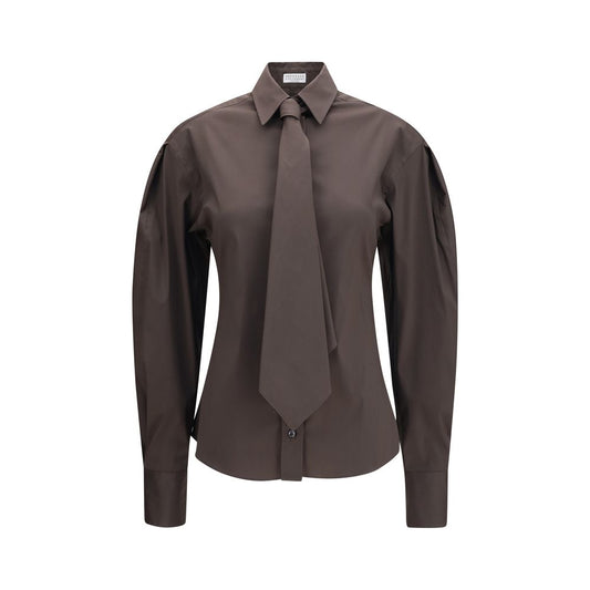 Brunello Cucinelli Brown Cotton Dress Shirt with Integrated Tie
