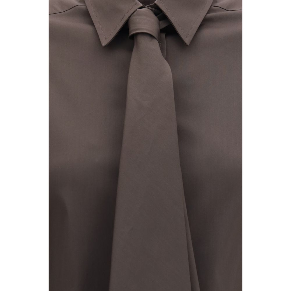 Brunello Cucinelli Brown Cotton Dress Shirt with Integrated Tie