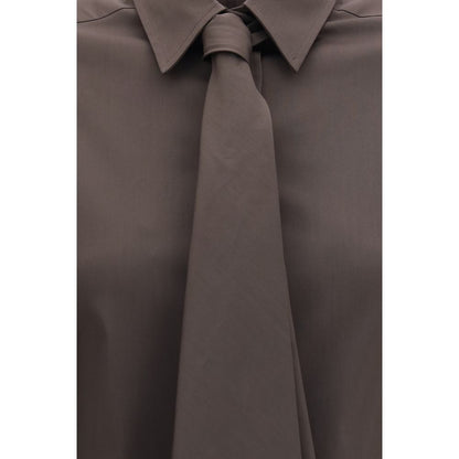 Brunello Cucinelli Brown Cotton Dress Shirt with Integrated Tie