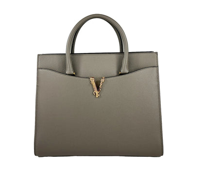 Versace Virtus Large Leather Top Handle Satchel Bag - Gray