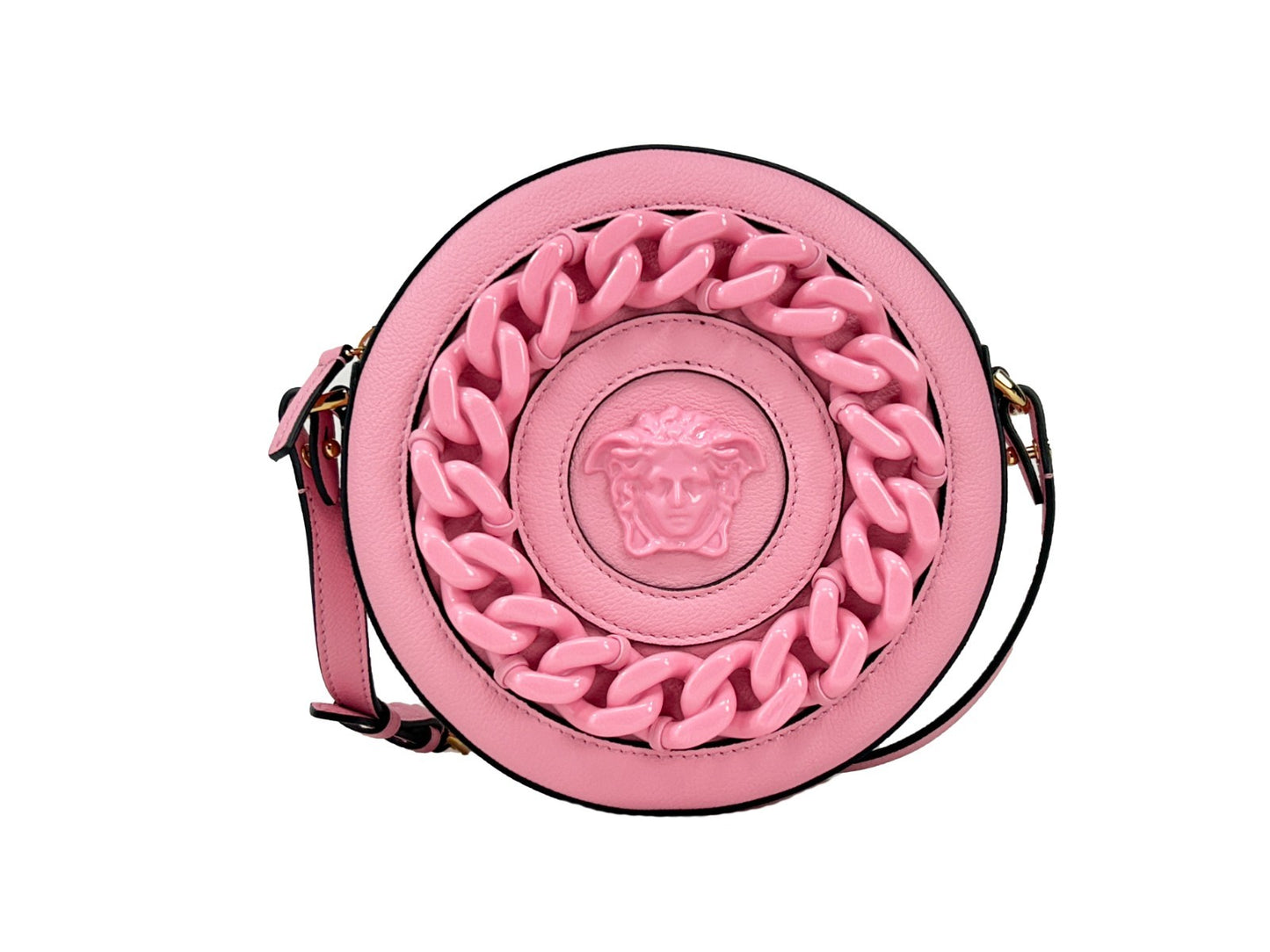 Versace Round Disco Leather Camera Case Crossbody Bag in Baby Pink