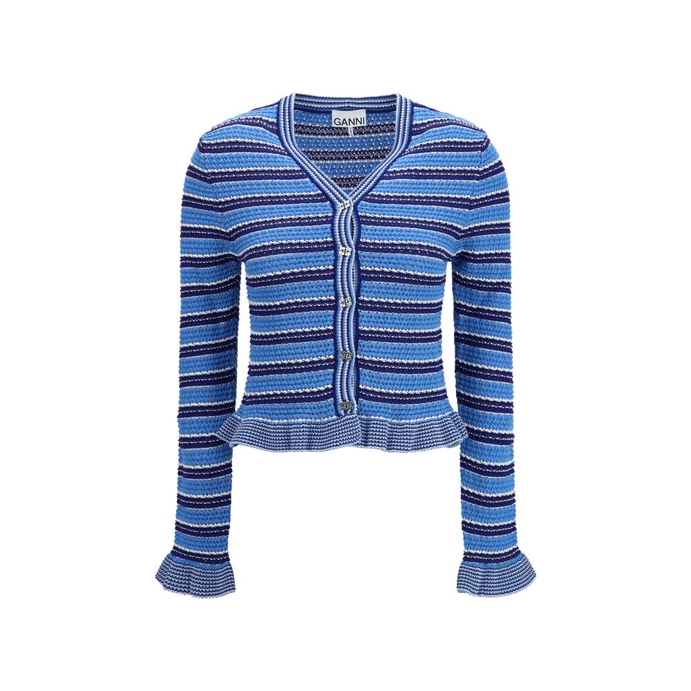 Ganni Blue Cotton Cardigan - Effortlessly Chic Striped Knitwear