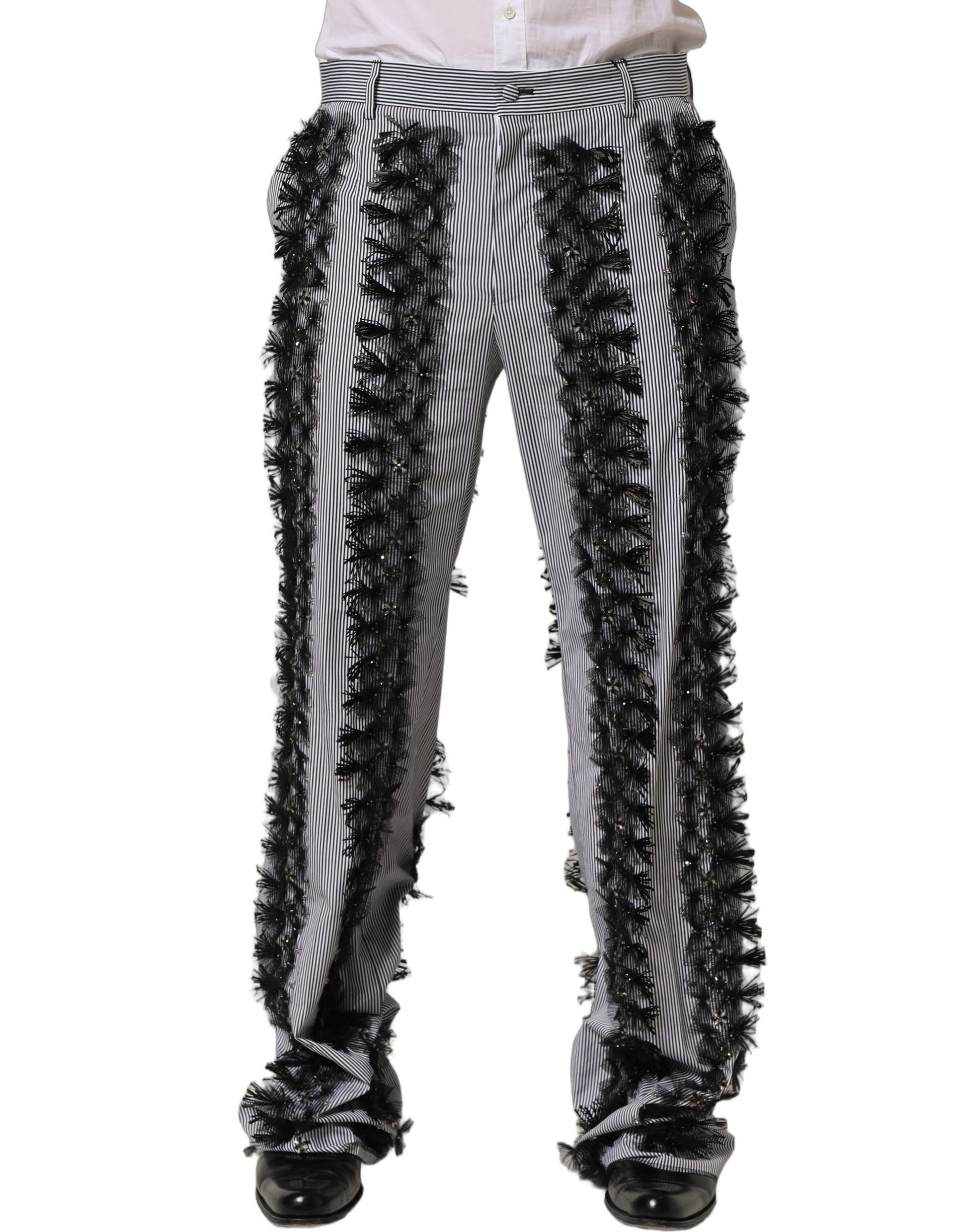 Dolce & Gabbana Black/Gray Pinstripe Embellished Trouser Pants