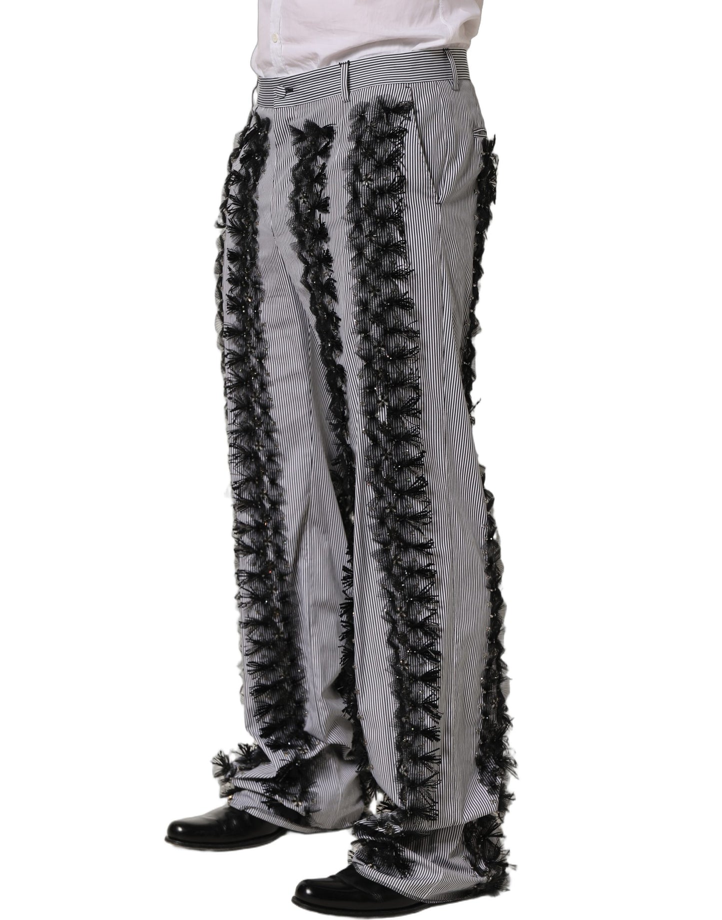 Dolce & Gabbana Black/Gray Pinstripe Embellished Trouser Pants