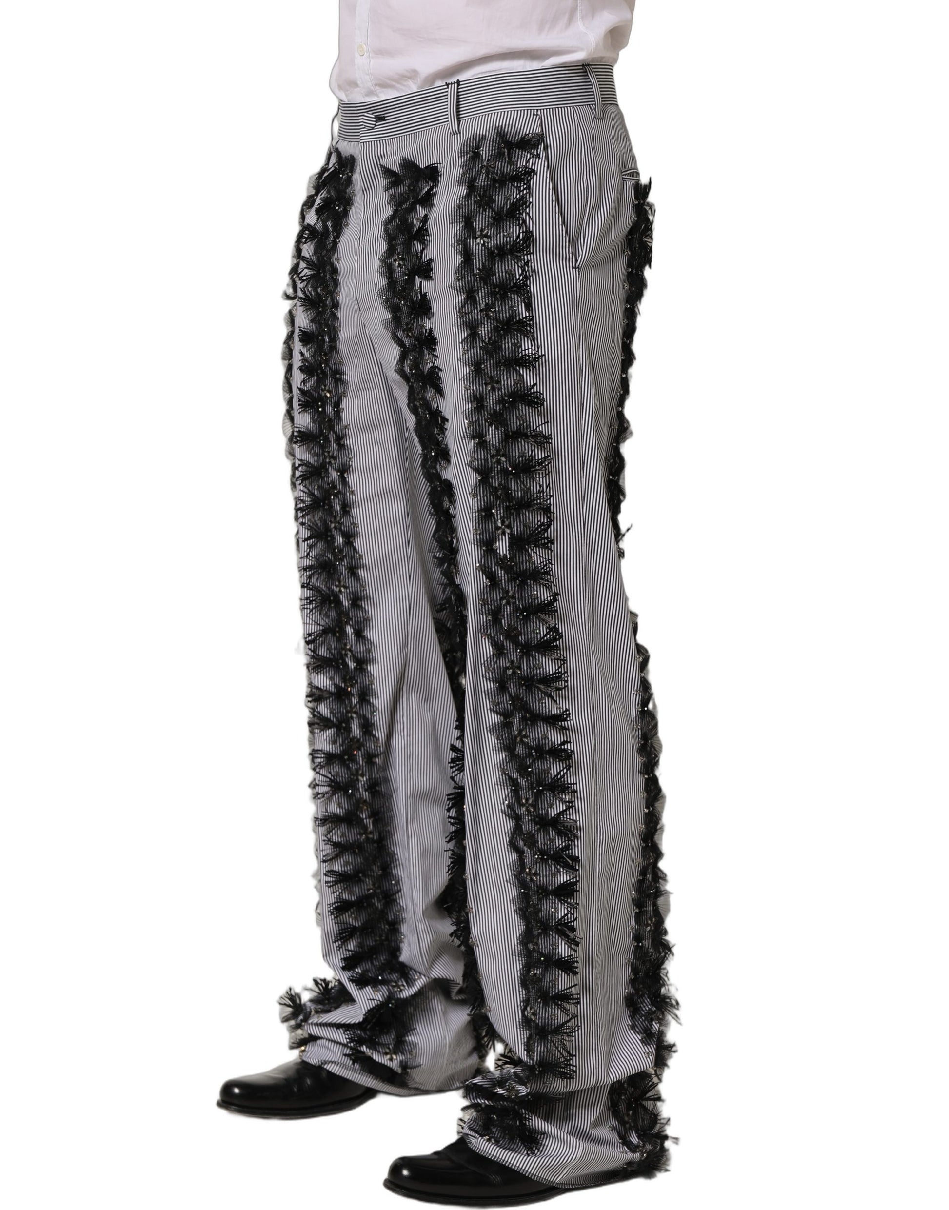Dolce & Gabbana Black/Gray Pinstripe Embellished Trouser Pants