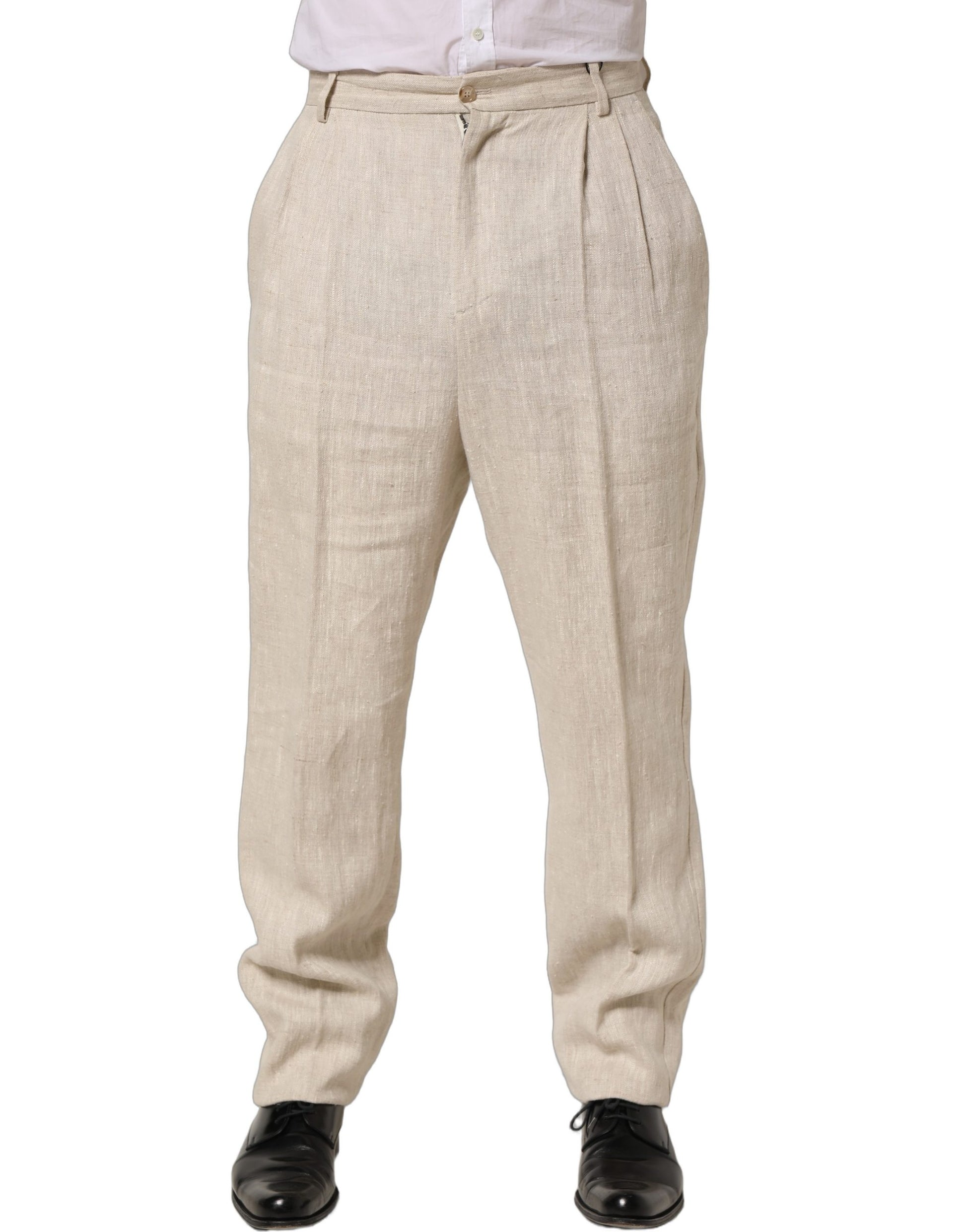 Dolce & Gabbana Beige Linen Tapered Dress Trouser Pants