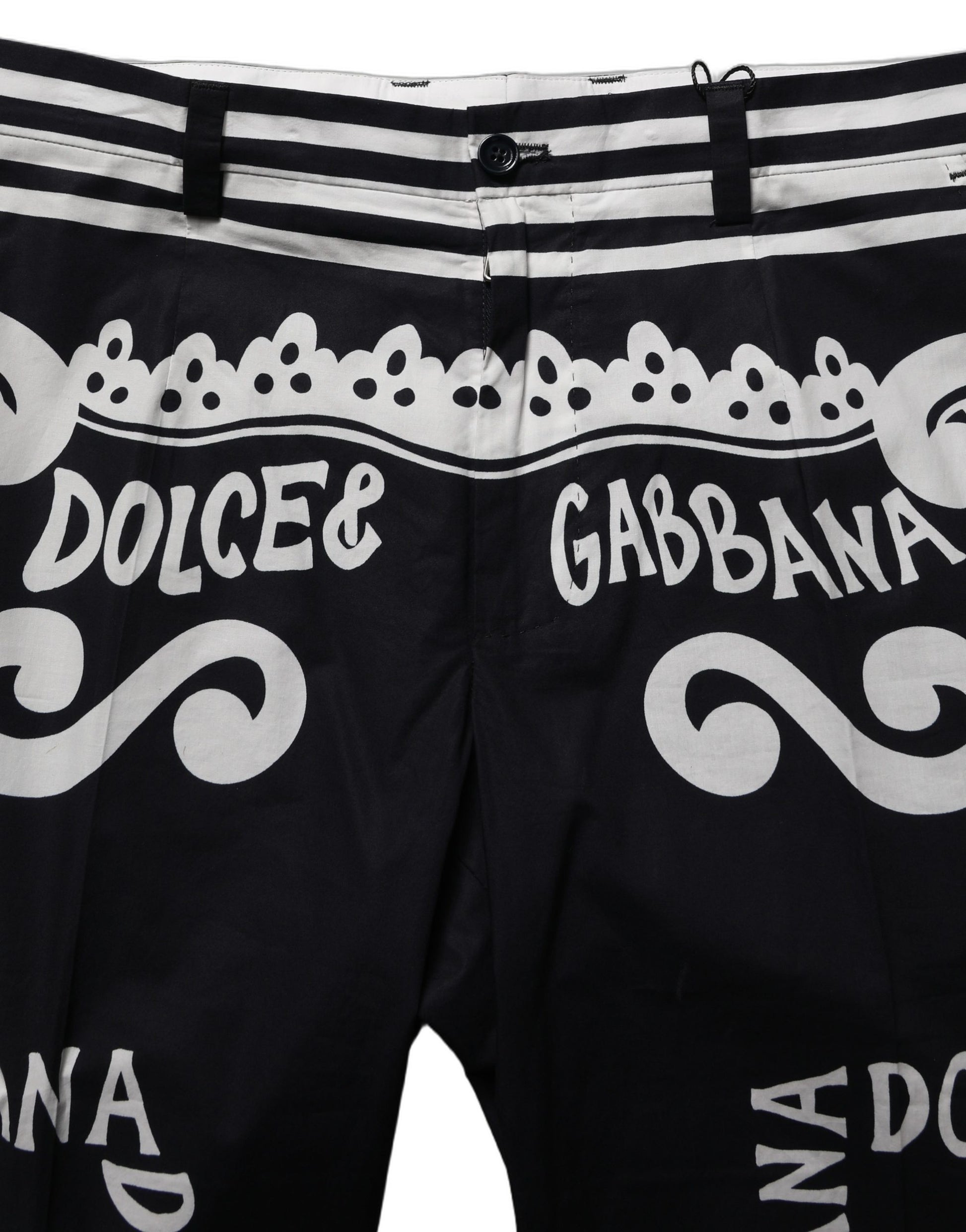 Dolce & Gabbana Black Cotton Poplin Marina Print Trouser Pants
