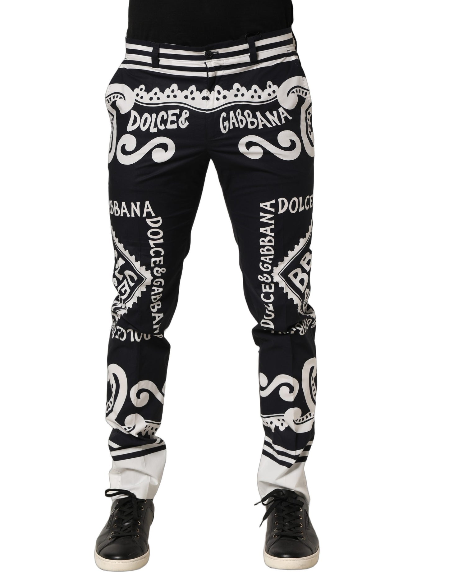 Dolce & Gabbana Black Cotton Poplin Marina Print Trouser Pants