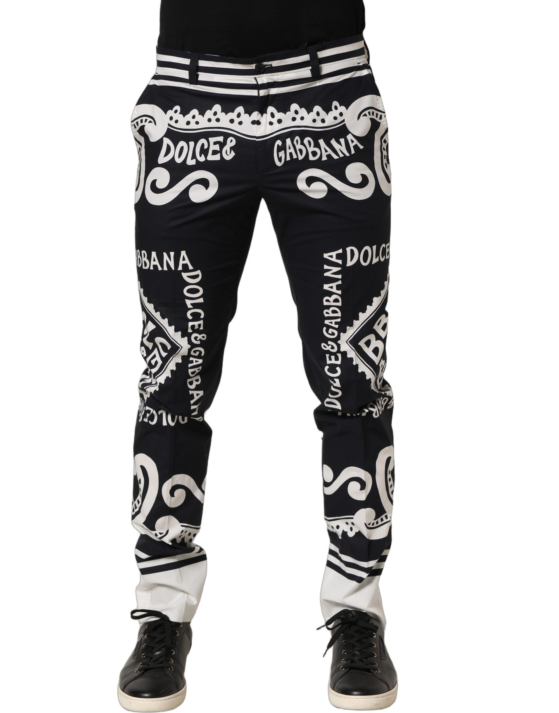 Dolce & Gabbana Black Cotton Poplin Marina Print Trouser Pants