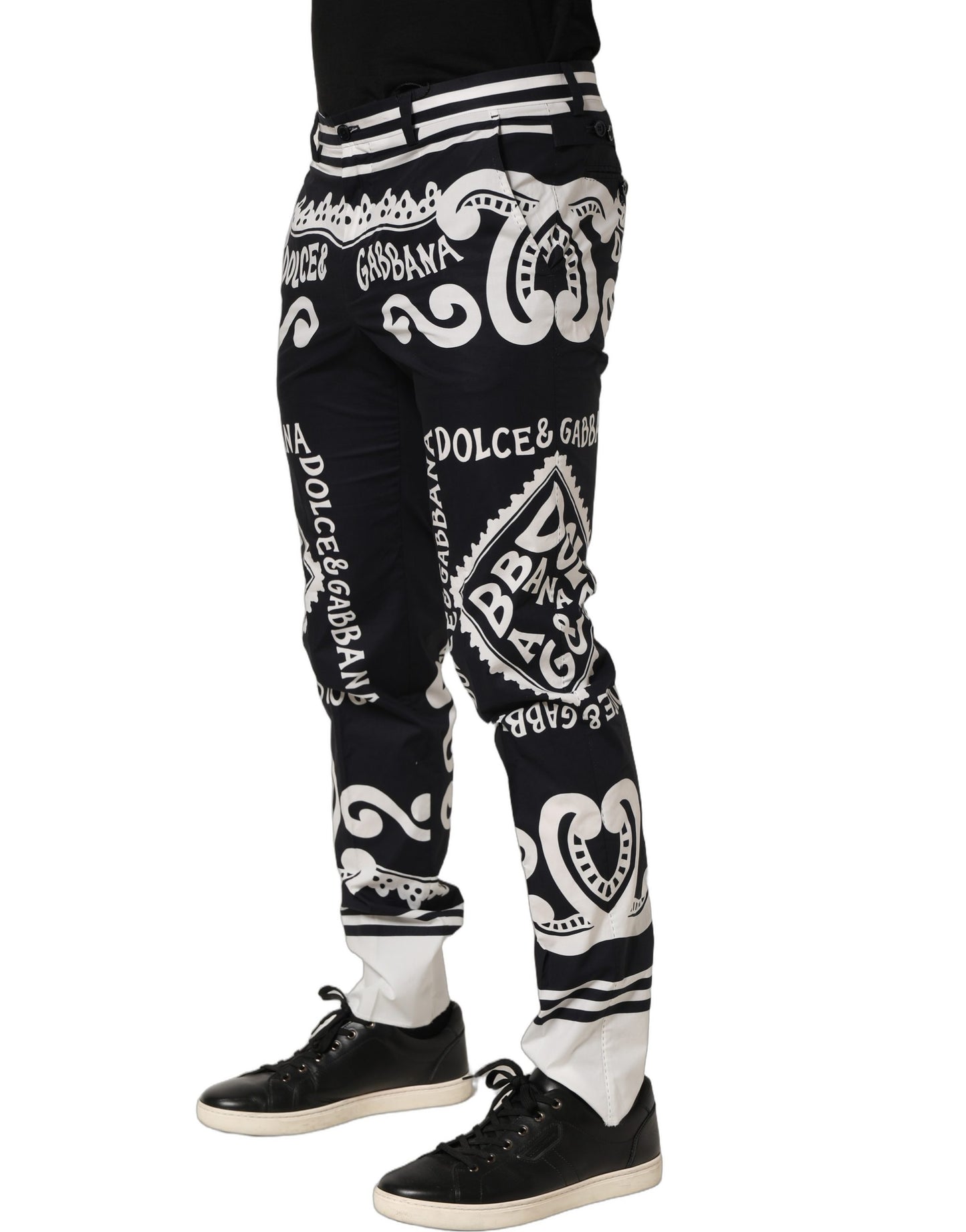 Dolce & Gabbana Black Cotton Poplin Marina Print Trouser Pants