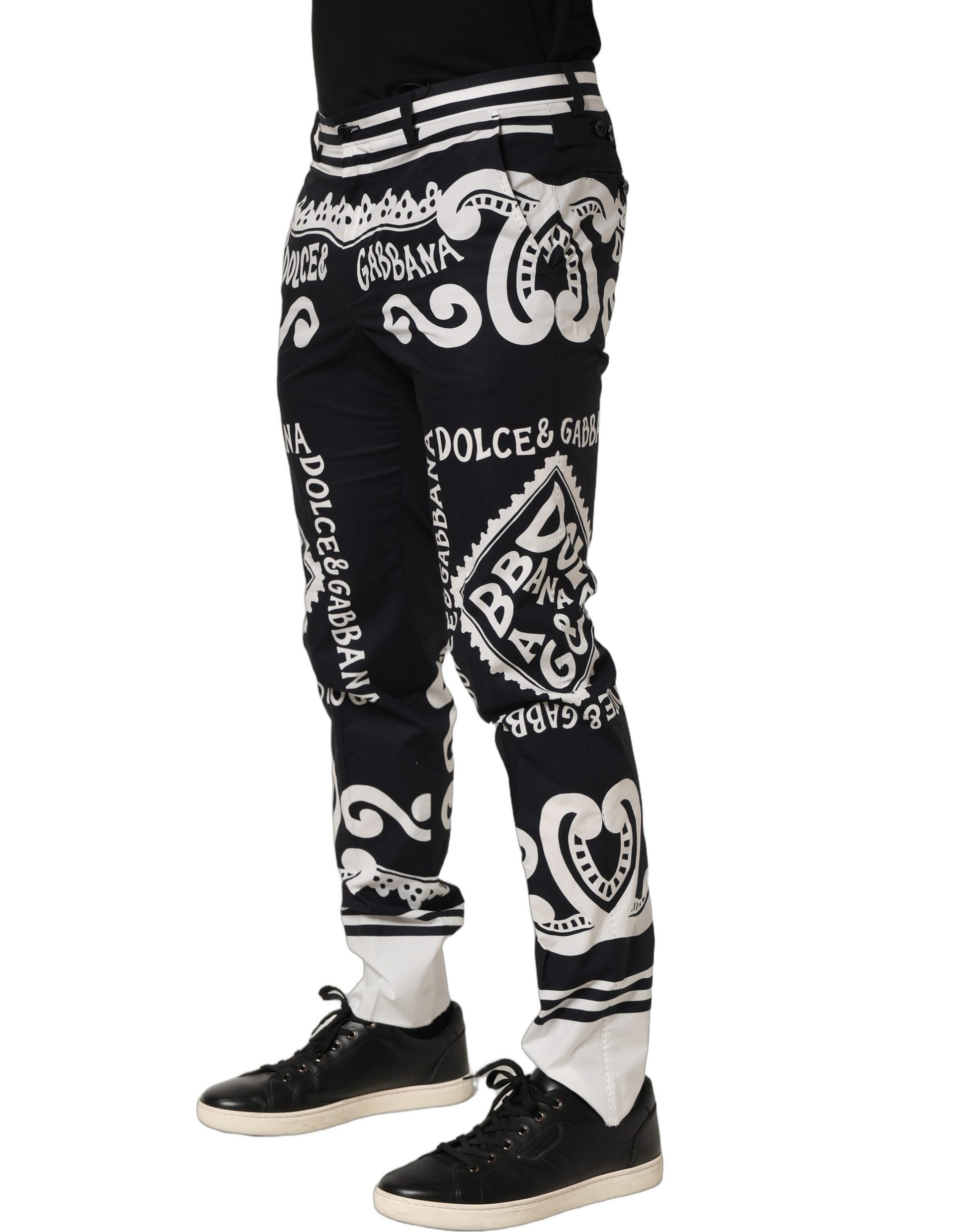 Dolce & Gabbana Black Cotton Poplin Marina Print Trouser Pants