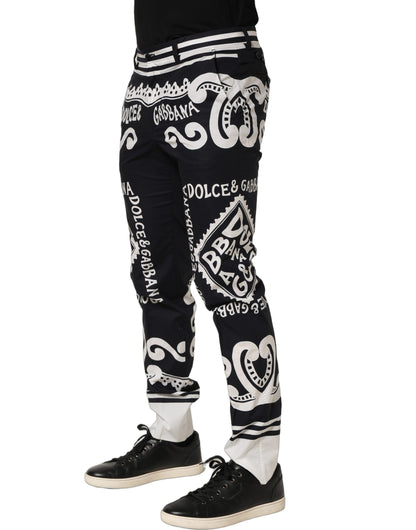 Dolce & Gabbana Black Cotton Poplin Marina Print Trouser Pants
